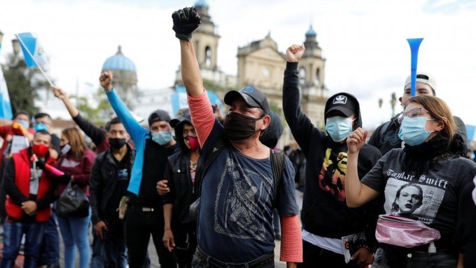 Demonstrators shout slogans during a protest to demand the resignation of President Alejandro Giammattei in Guatemala City, Guatemala November 22, 202