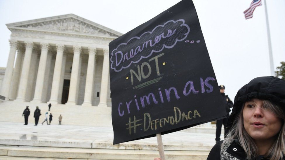 Immigration rights activists take part in a rally in front of the US Supreme Court in Washington, DC on 12 November