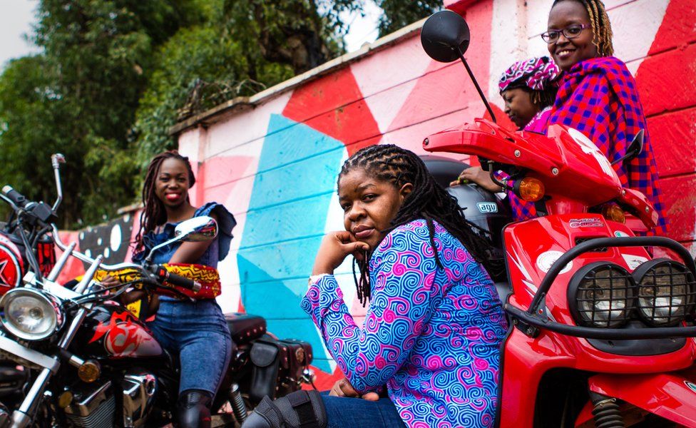 Bikers from the female Kenyan biker gang Inked Sisterhood