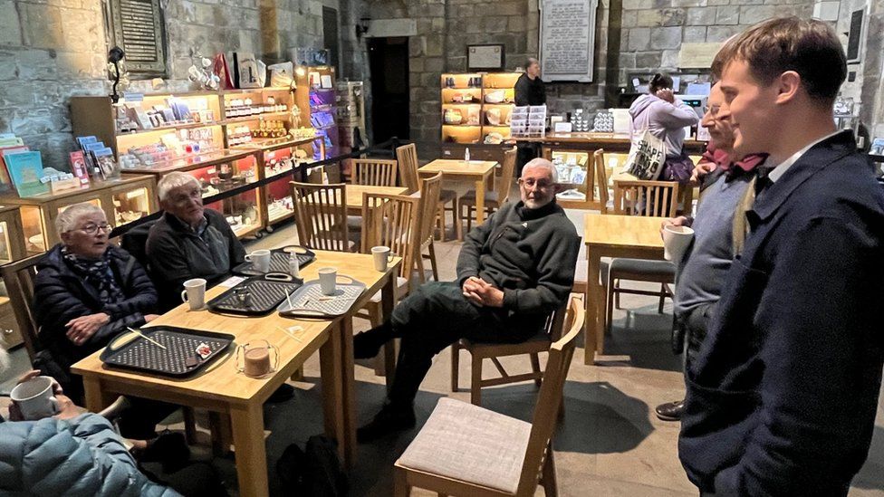 Mr Mather chats with Janet and Brian Rogerson (left) at Selby Abbey
