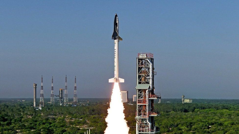 A handout photograph released by the Indian Space Research Organization (ISRO) on 23 May 2016 shows India's Reusable Launch Vehicle (RLV)-TD taking off from Sriharikota, Andhra Pradesh, 23 May 2016.