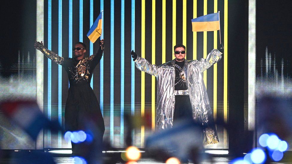 Music duo Tvorchi of Ukraine appears on stage during the final of the Eurovision Song contest 2023