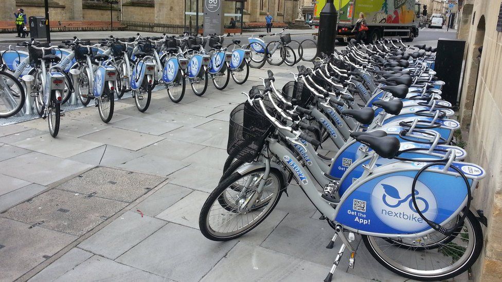 The bikes ready for hire in Orange Grove, Bath