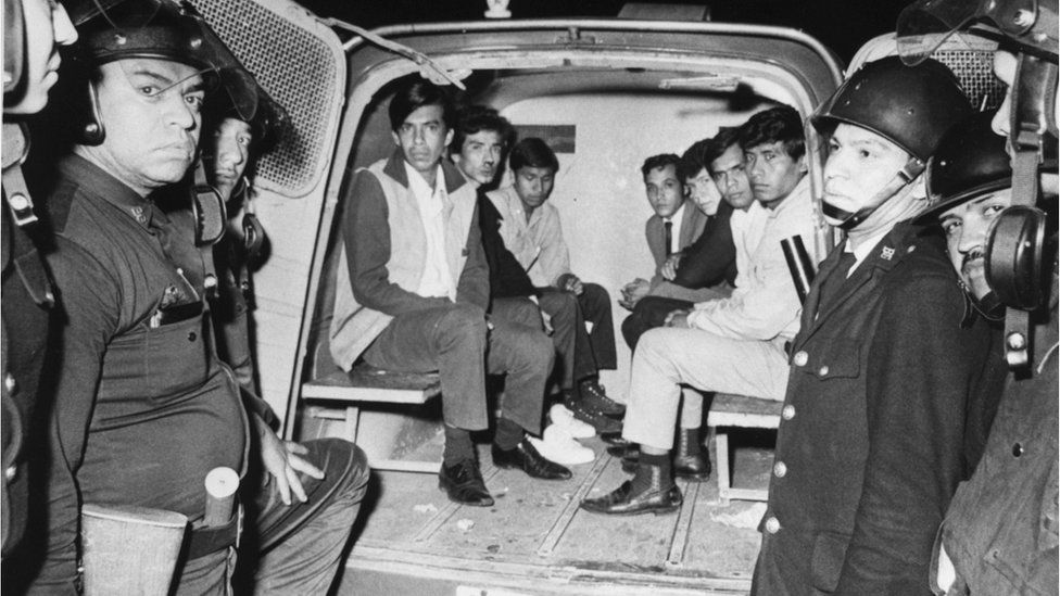Police in 1968 show off a van of captured students in Tlatelolco