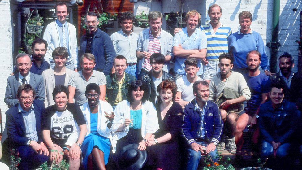 Lisa Power with other Switchboard volunteers in a gay pub in Islington in 1984