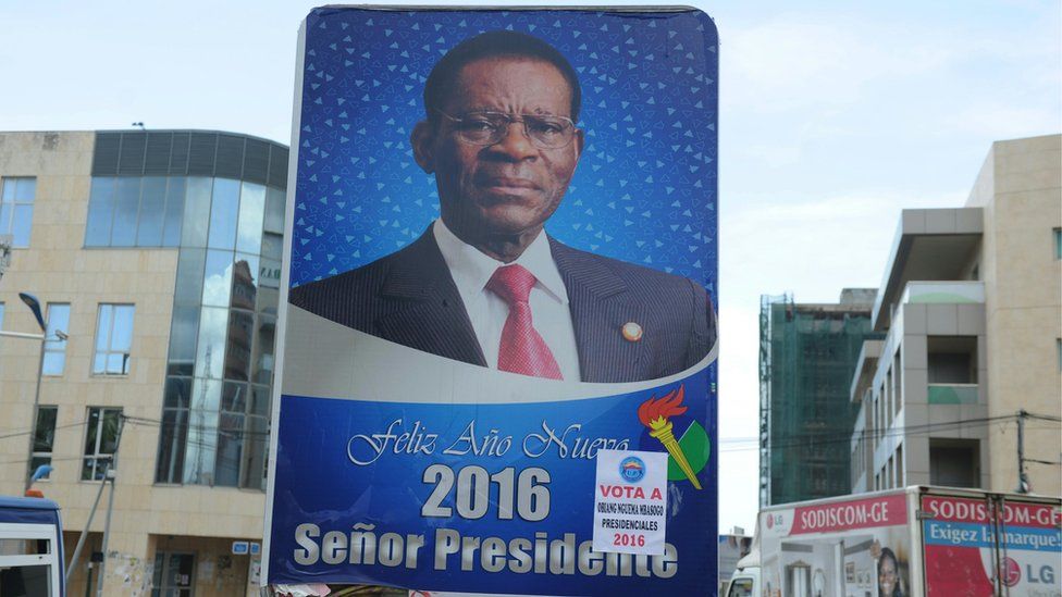 Electoral poster of Equatorial Guinea incumbent president and candidate Teodoro Obiang in Malabo