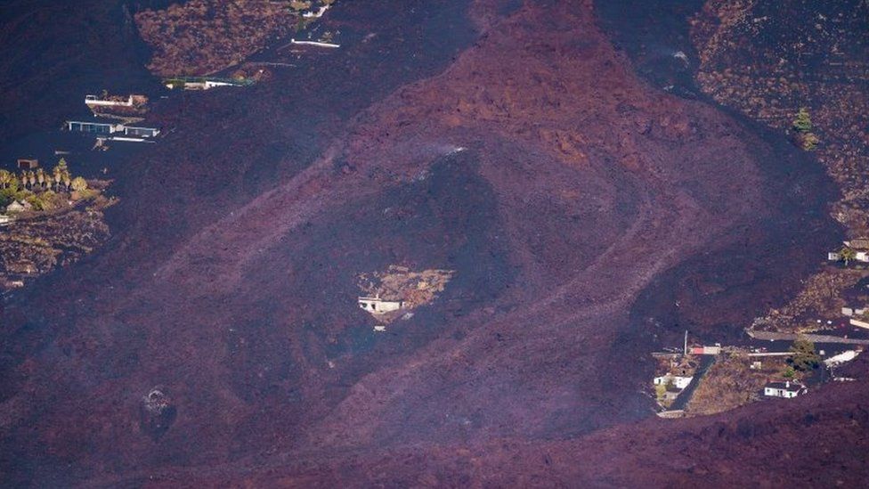 An aerial view shows lava from the volcano