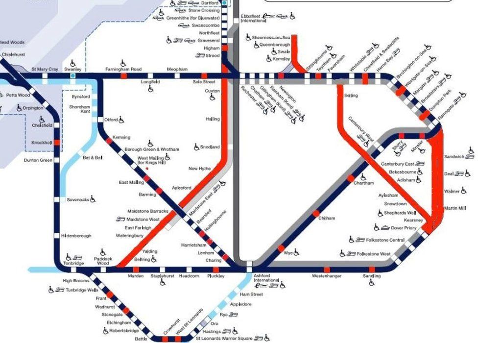 Stations and lines in red are closed