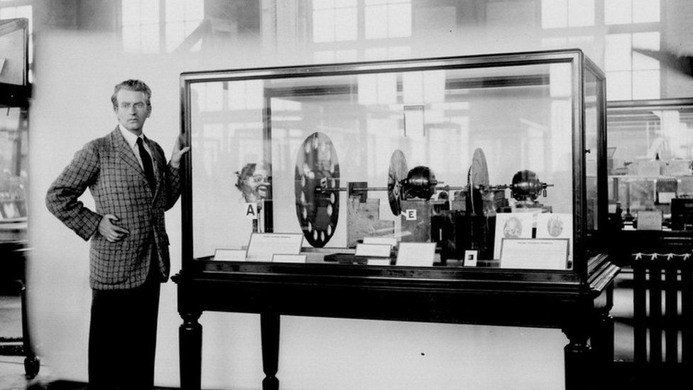 John Logie Baird at the Science Museum in London, circa August 1926, with his televisor