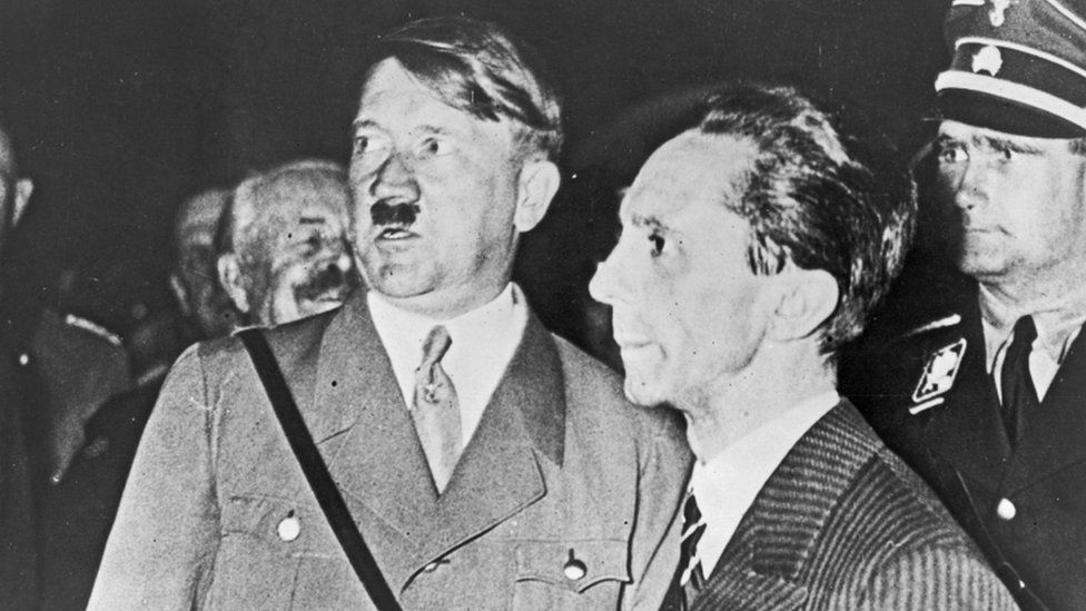 Hitler and his propaganda chief Joseph Goebbels during the Nazi election campaign in 1933