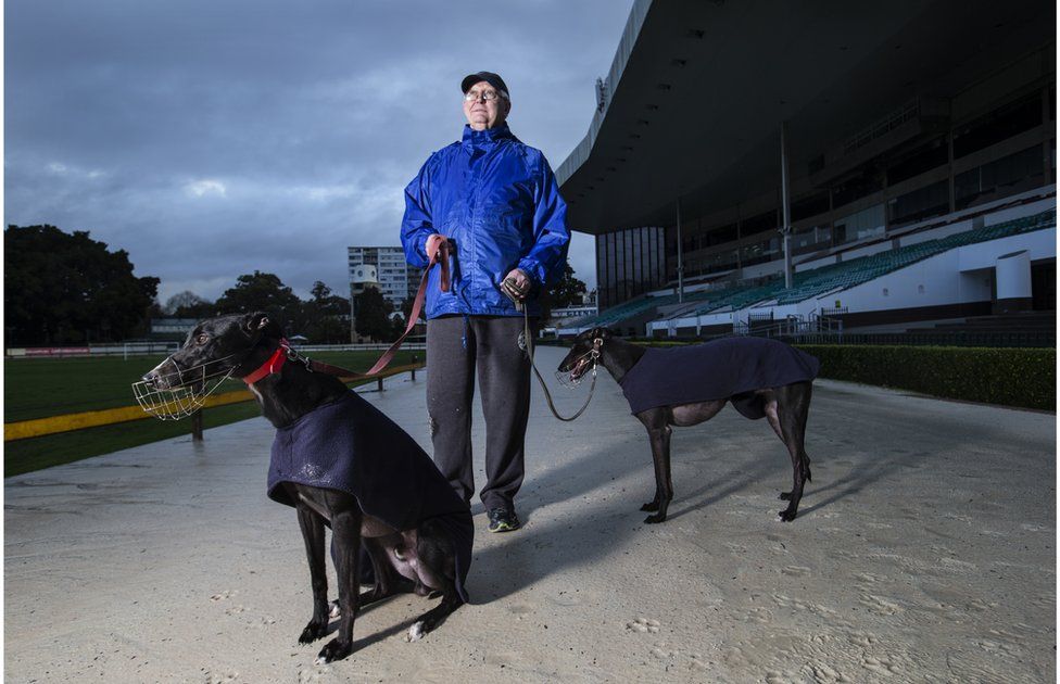 Peter McCann and his greyhounds Jimmy and Trigger