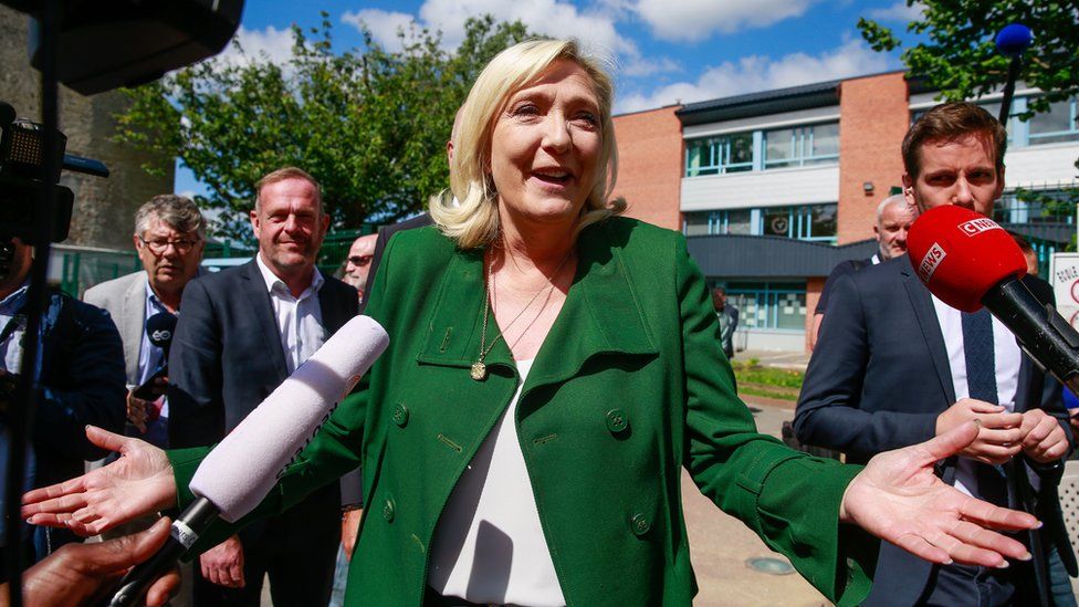French far right candidate Marine Le Pen of the RN, Rassemblement National party (National Rally in French), talks to the media