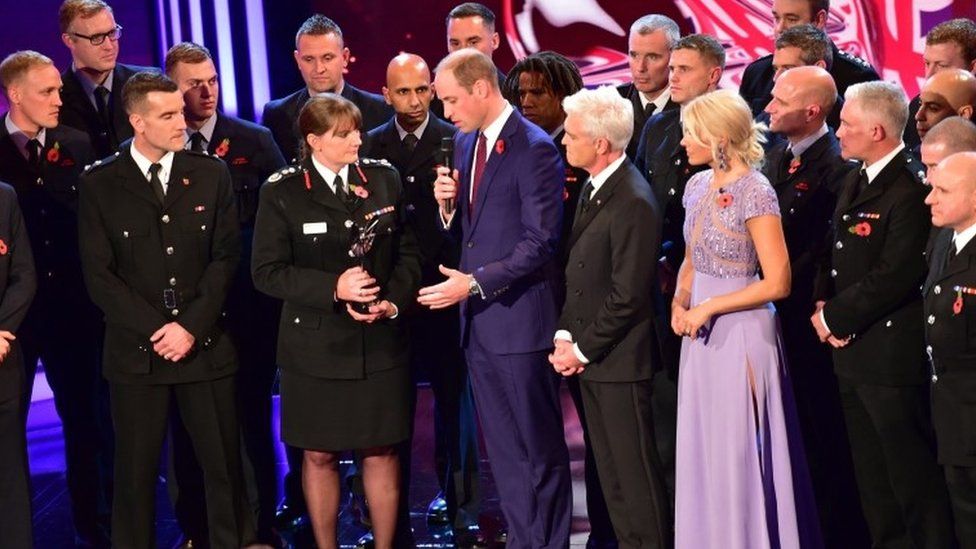 London Fire Brigade receive the This Morning Emergency Services Award from the Duke of Cambridge (centre), Holly Willoughby and Phillip Schofield