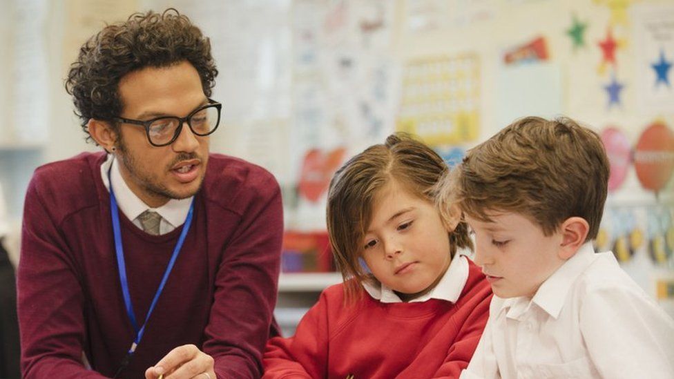 A teacher with primary school children