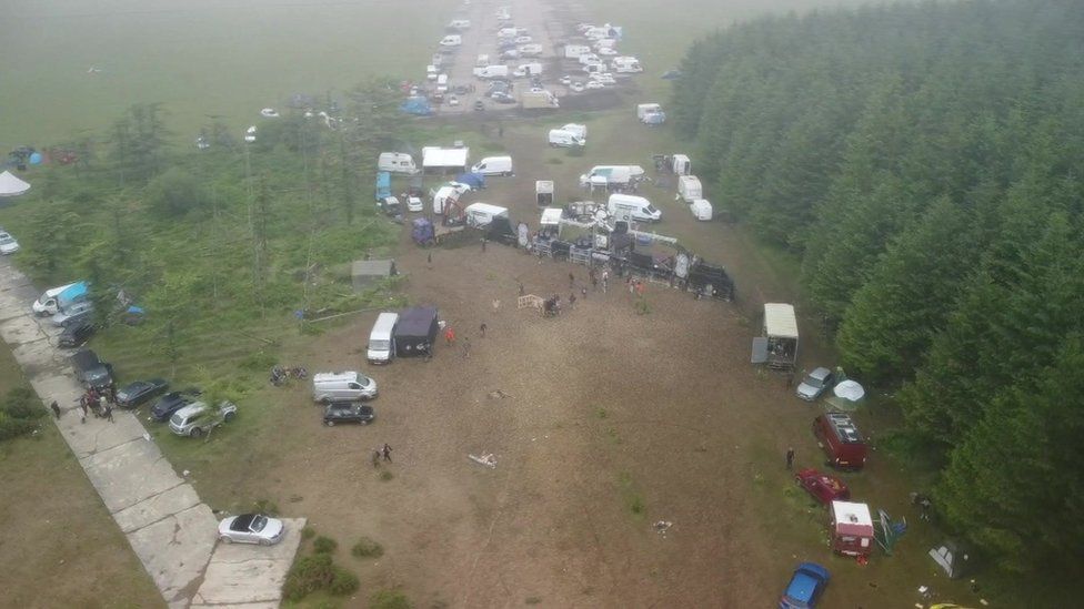 Aerial of illegal rave in Cornwall