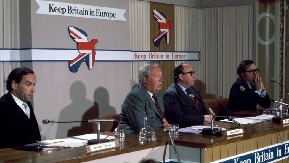 Jeremy Thorpe, Ted Heath, Roy Jenkins and Labour peer Lord Harris