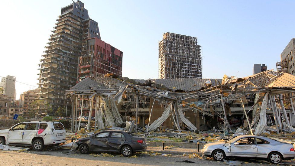 Ruined buildings in downtown Beirut on 5 August 2020