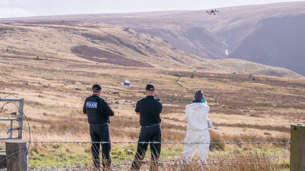 Police using a drone in search for Keith Bennett's remains on Saddleworth Moor