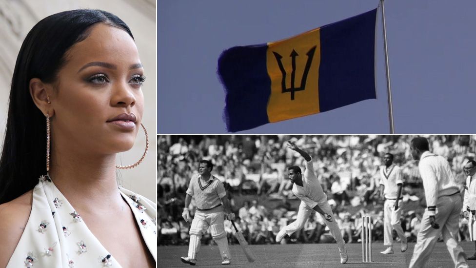 Composite image showing Barbados flag, Rihanna and Sir Garfield Sobers