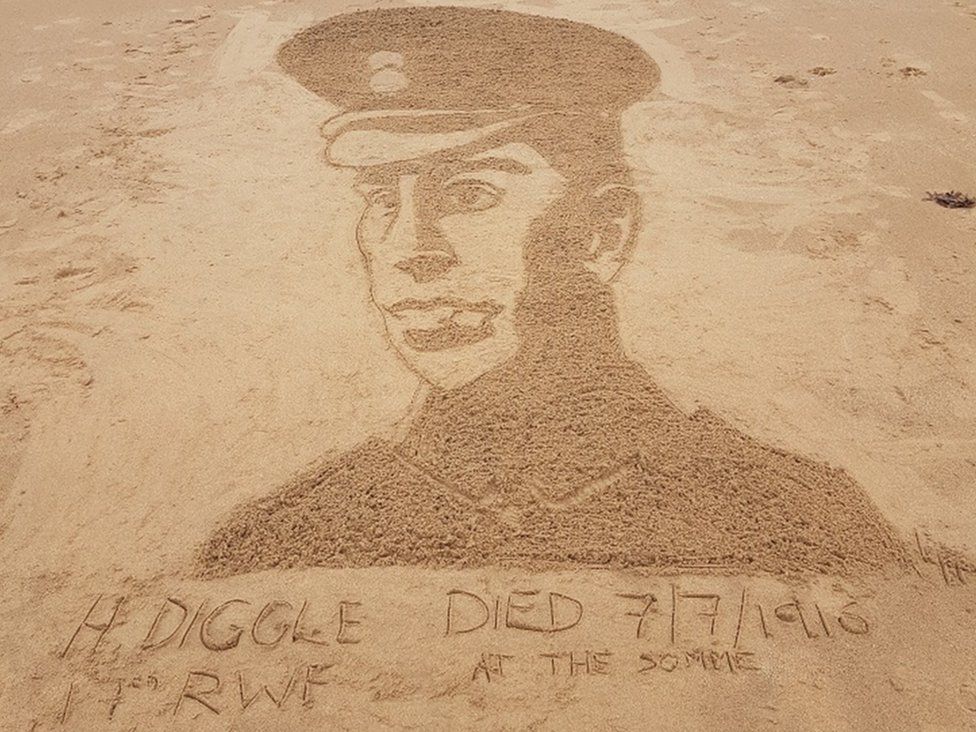Laura Henderson etched this picture of her great great uncle, Sgt Harry Diggle, into the sand at Ayr beach