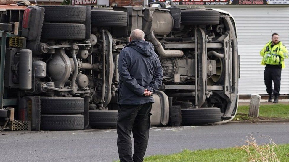 An overturned lorry in Doncaster