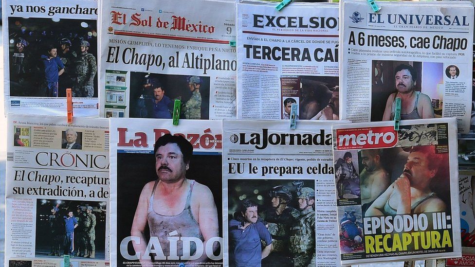 Newspapers in Mexico City show pictures of drug kingpin Joaquin "El Chapo" Guzman on their front pages
