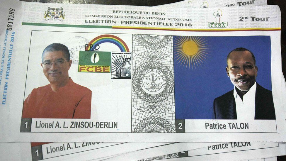 A picture taken in Cotonou on March 20, 2016 shows a ballot paper picturing two candidates 61-year-old Franco-Beninese banker and current Prime Minister Lionel Zinsou (L) and cotton magnate Patrice Talon (R) during the presidential elections in Cotonou, on March 20, 2016.
