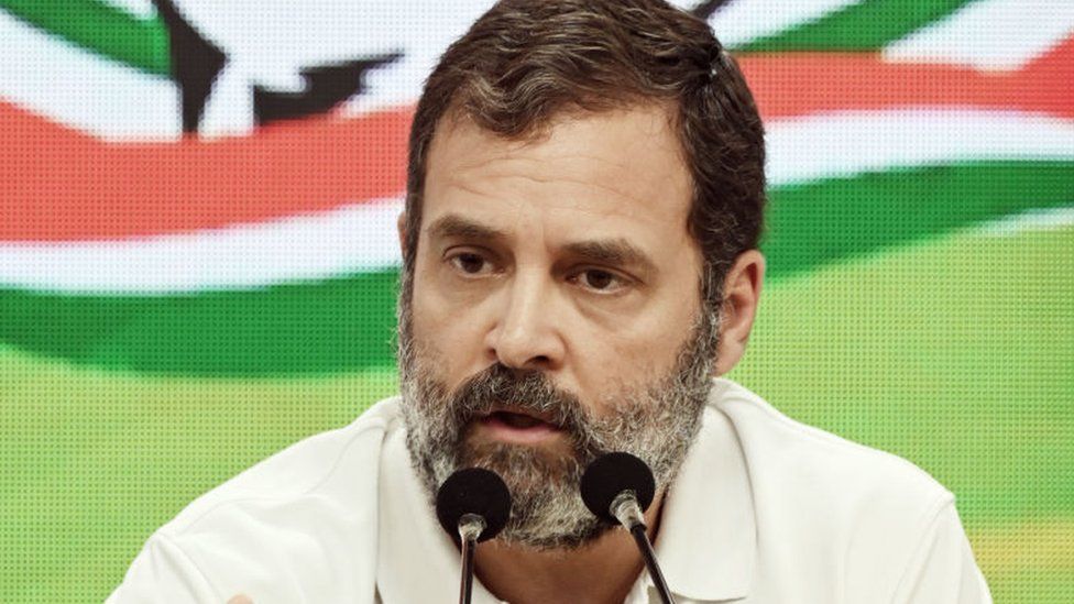 NEW DELHI, INDIA - MARCH 25: Congress leader Rahul Gandhi addresses a press conference at the AICC headquarters, on March 24, 2023 in New Delhi, India. Rahul Gandhi said that he does not care if he gets disqualified permanently from the Lok Sabha and claimed that he has been disqualified because Prime Minister is scared of my next speech on Adani. I have seen it in his eyes, he added, claiming the recent development came as a result of his retribution to his demand for a probe into the Adani-Hindenburg issue. (Photo by Sanjeev Verma/Hindustan Times via