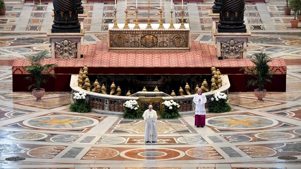 Pope Francis, the leader of the Roman Catholic Church, delivers his Urbi et Orbi (to the city and the world) message behind closed doors amid lockdown measures imposed in Italy, 12 April 2020