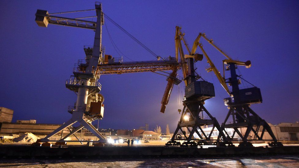 Cranes stand idle at the Port of Mariupol on the Azov Sea, eastern Ukraine on December 2, 2018