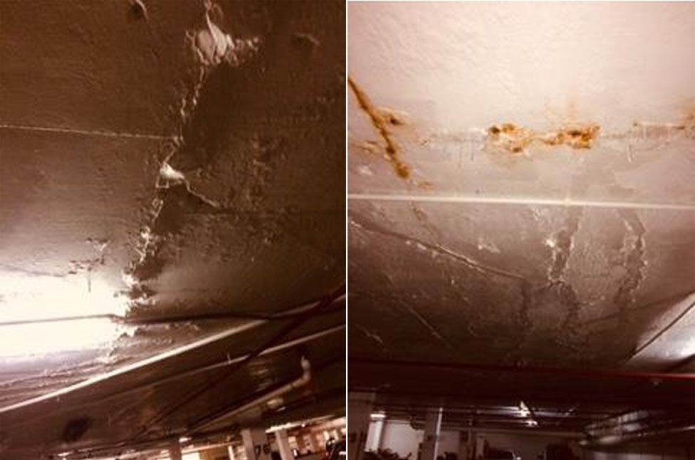 Images from the report show cracks in the parking ceiling
