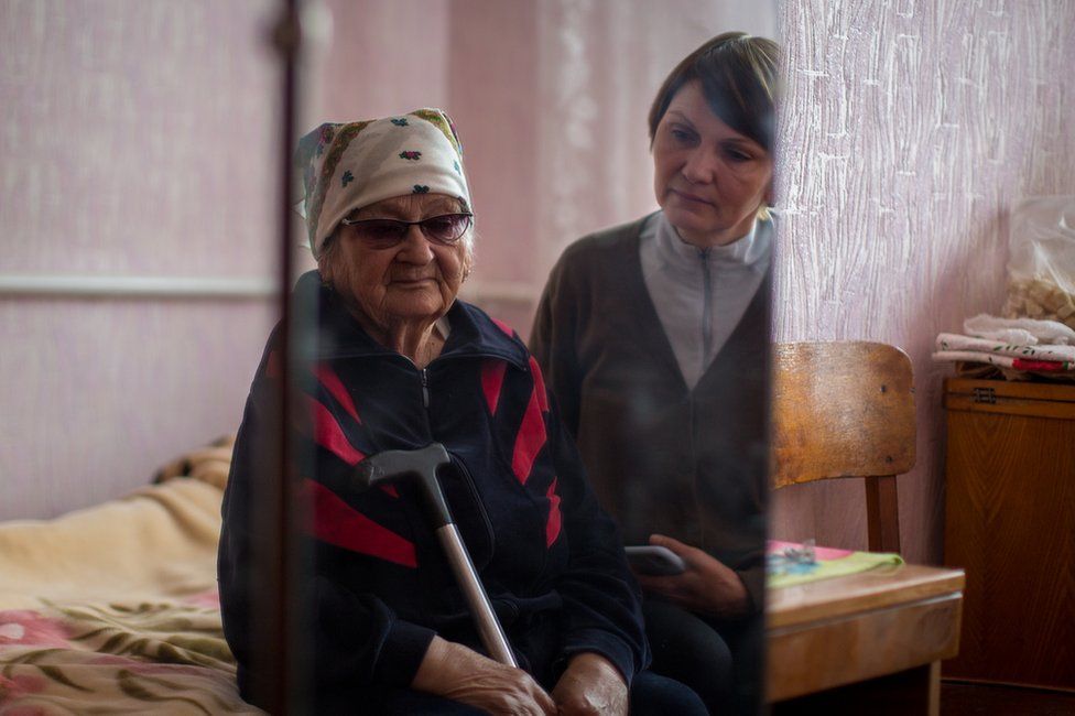 Vira Kryvoshenko and her daughter Olena. Vira saw her son-in-law taken away by Russian soldiers.