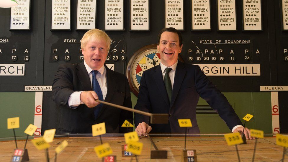 Boris Johnson and George Osborne visit the Battle of Britain command bunker in Henley, London