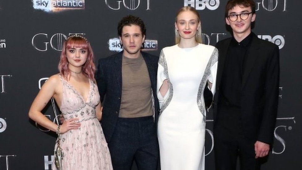 Masie Williams, Kit Harrington, Sophie Turner and Isaac Hempstead Wright at the Game of Thrones premiere in Belfast's Waterfront Hall
