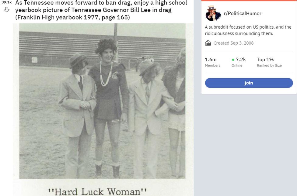 Reddit post showing Governor Bill Lee wearing a cheerleader outfit