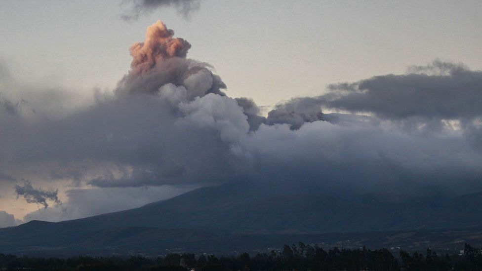 A general view from Saquisili village, of an ashes column spewed by the Cotopaxi volcano in Pichincha province, Ecuador, 15 August 2015.