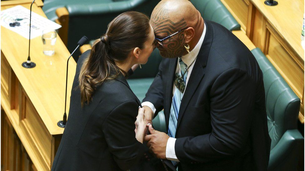 Waititi greets PM Jacinda Ardern with a hongi, a traditional Maori greeting, in November