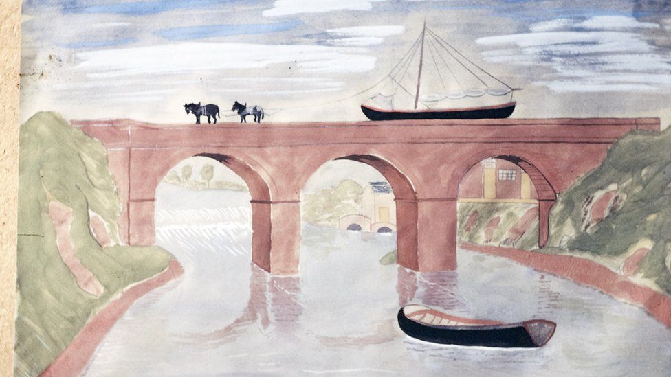 View of a painting of Barton Aqueduct, painted by Herbert Dunkley