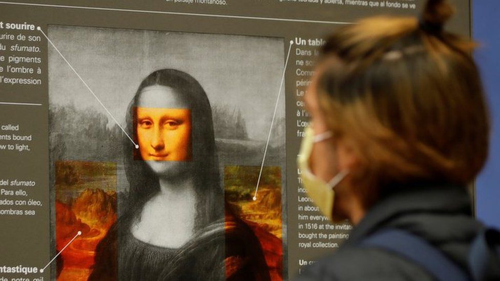 A visitor, wearing a protective face mask, looks at a poster with explanations about the painting "Mona Lisa" (La Joconde) by Leonardo Da Vinci at the Louvre museum in Paris on 19 May