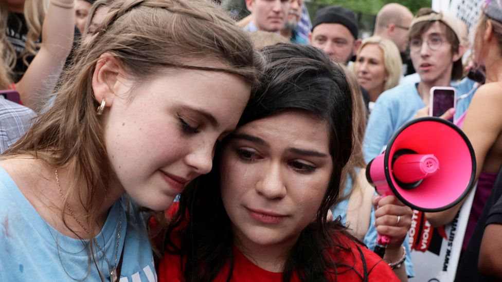 Anti-abortion demonstrators celebrate outside the United States Supreme Court as the court rules in the Dobbs v Women’s Health Organization abortion case, overturning the landmark Roe v Wade abortion decision in Washington, U.S., June 24, 2022.