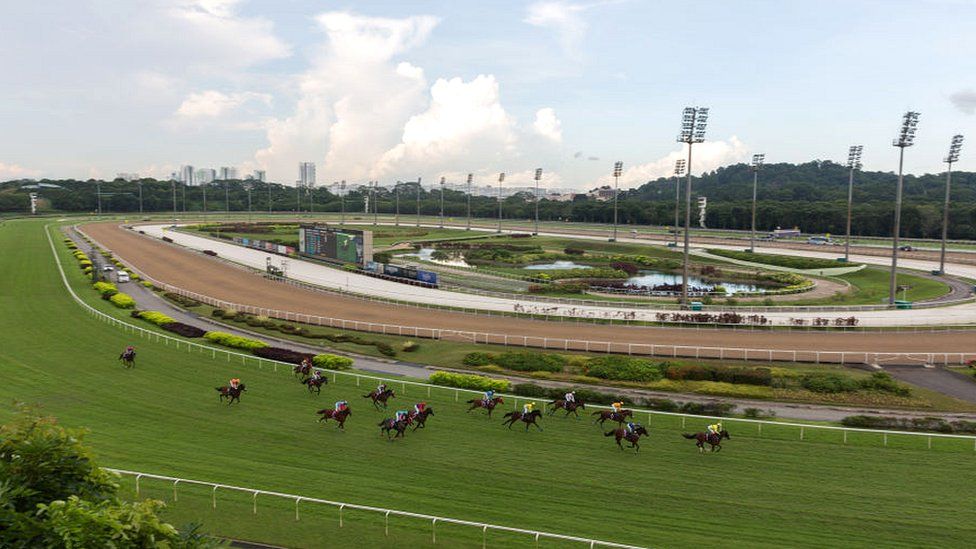 Жокеи соревнуются в гонке на ипподроме Кранджи Сингапурского газонного клуба, май 2019.