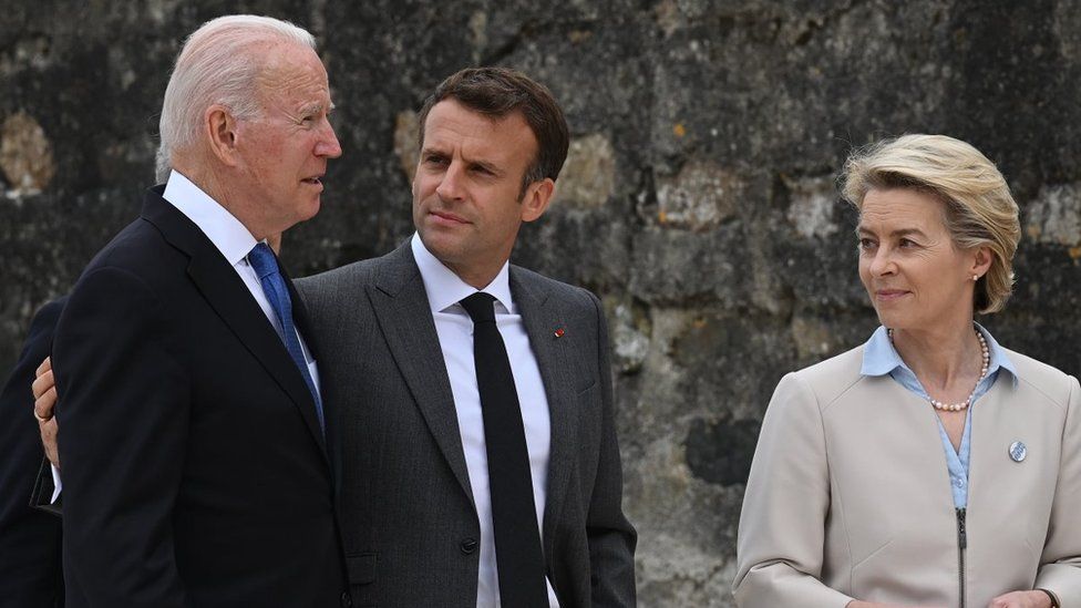 US President Joe Biden, French President of France Emmanuel Macron and European Commission head Ursula von der Leyen, 11 June
