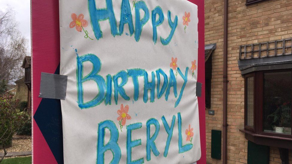 100th birthday celebration sign for Beryl Farrall