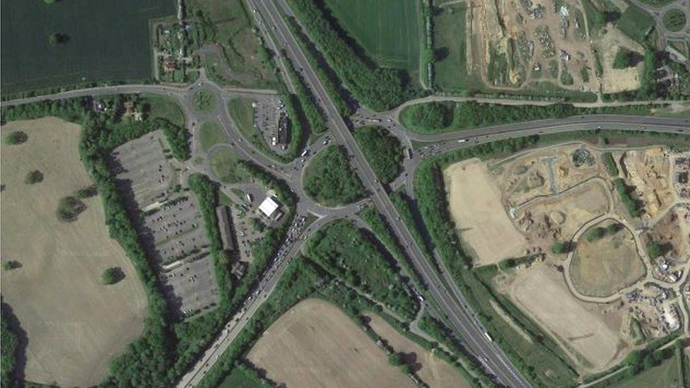 An aerial view of Thickthorn roundabout, Norwich