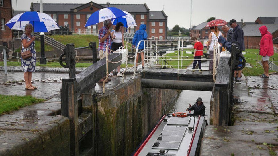 Visitors to the National Waterways Museum in Ellesmere Port using umbrellas