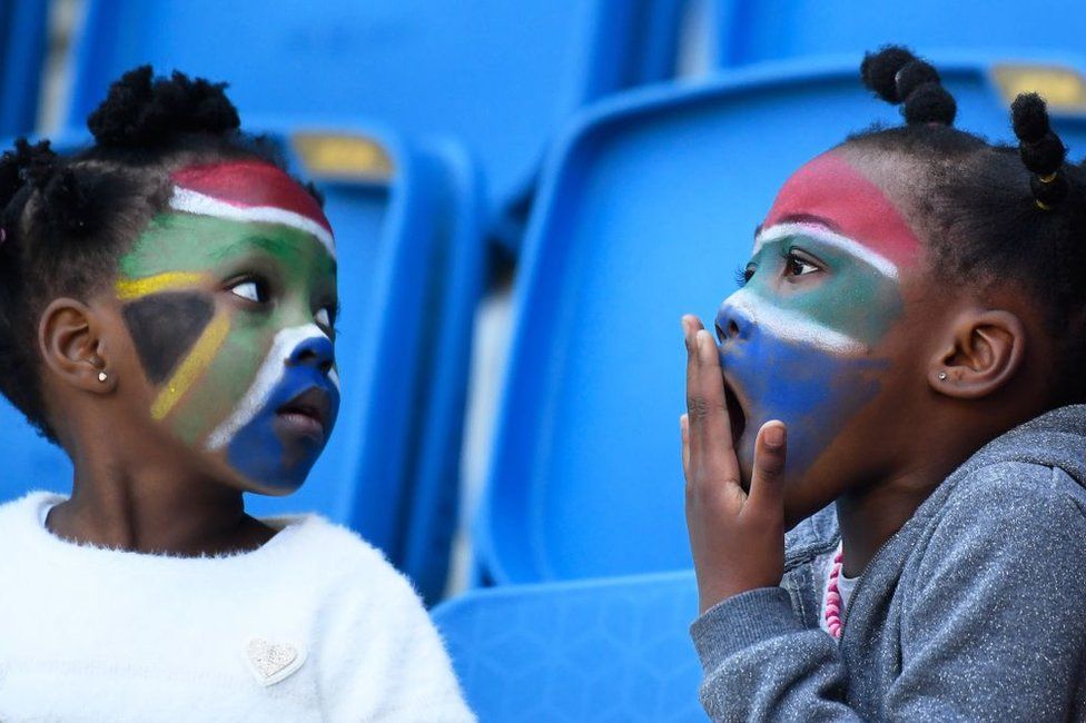 South Africa supporters react prior the France 2019 Women's World Cup Group B football match between Spain and South Africa, on 8 June 8, 2019, in France.