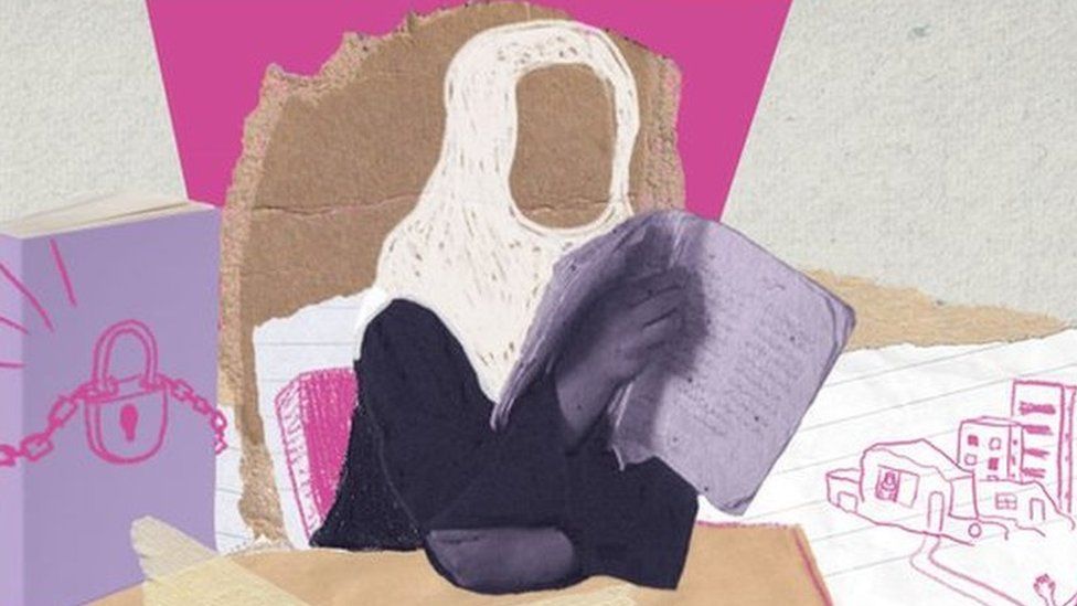 Collage of girl wearing a headscarf and reading a book.