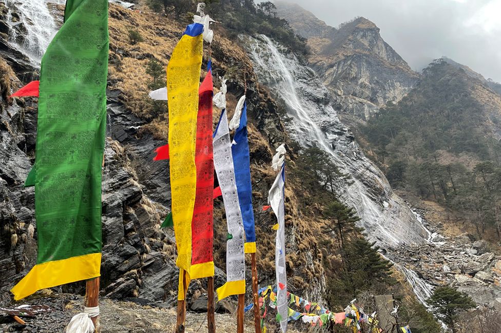 The Holy Water Fall - Chumi Gyatse near the disputed border. Troops from both sides are said to have clashed not far from here in December 2022