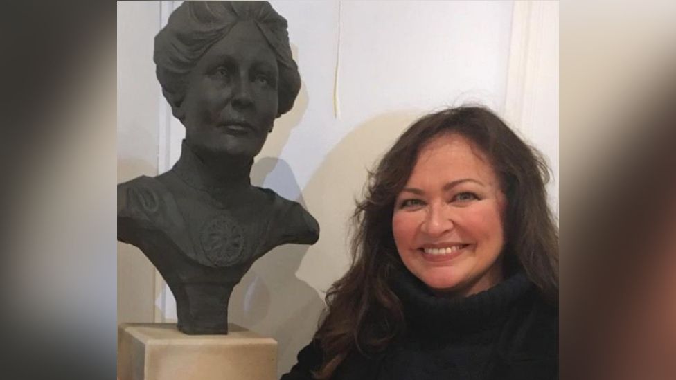 Jane Robbins with her Emmeline Pankhurst sculpture