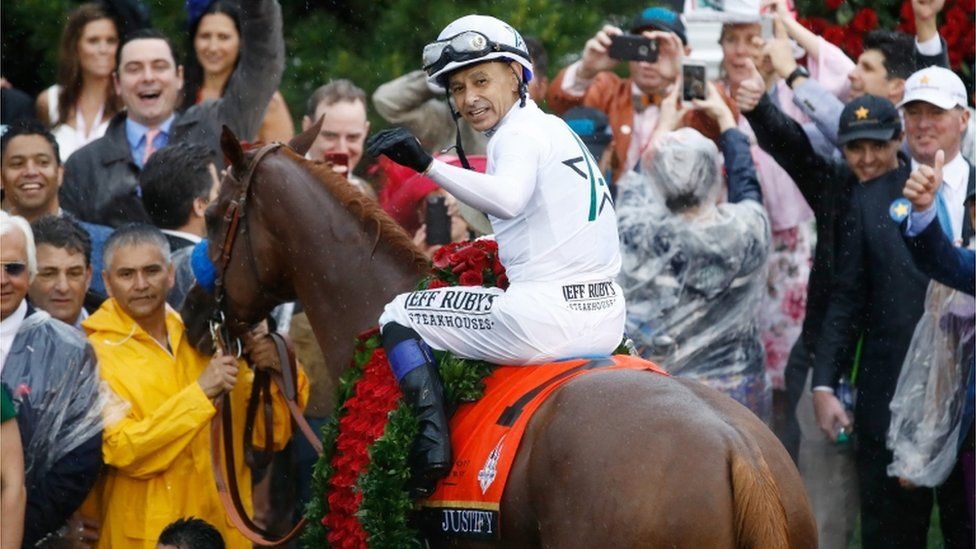 Jockey Mike Smith riding the winning horse, Justify at the Kentucky Derby